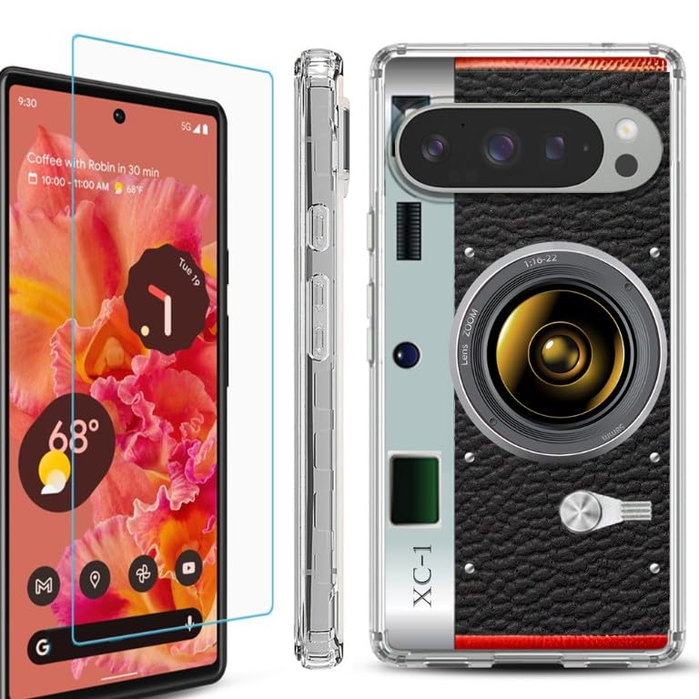 One Tough shield Shockproof Hybrid Phone Case Cover Compatible with Google Pixel 9/9 Pro, with Tempered Glass Screen Protector - Vintage Camera