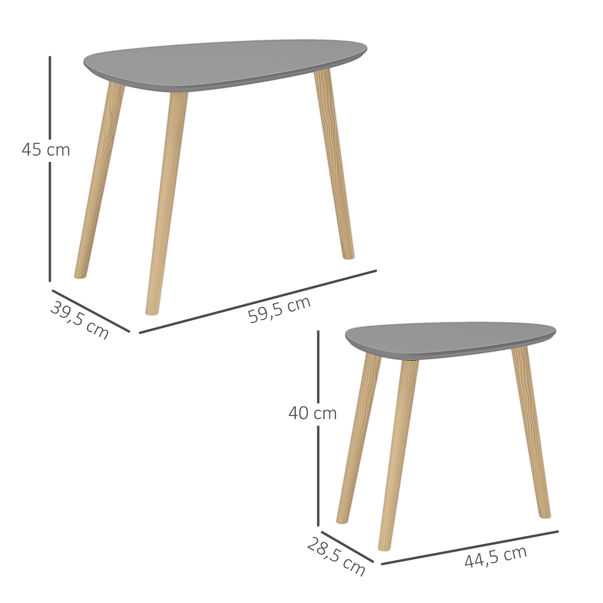 HOMCOM Set di 2 tavolini con gambe in legno Tavolini da caffè per soggiorno, camera da letto, ufficio 59,5x39,5x45 cm e 44,5x28,5x40 cm Grigio e naturale