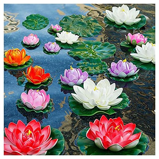 14Pcs Lily Pads for Ponds, Artificial Lotus - 11in & 6in Large Floating Flowers for Pool & Fake Lily Pads Leaves Floating Foam Lotuses for Garden Koi Fish Pond Aquarium Pool Wedding Decor