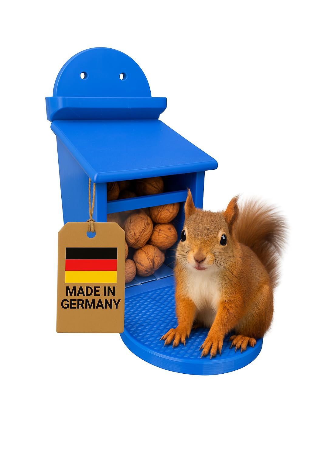 Eichhörnchen Futterbox - Eichhörnchen Futterstation - Wetterfest aus Kunststoff - Futterautomat/Futterspender für Eichhörnchen (Blau)