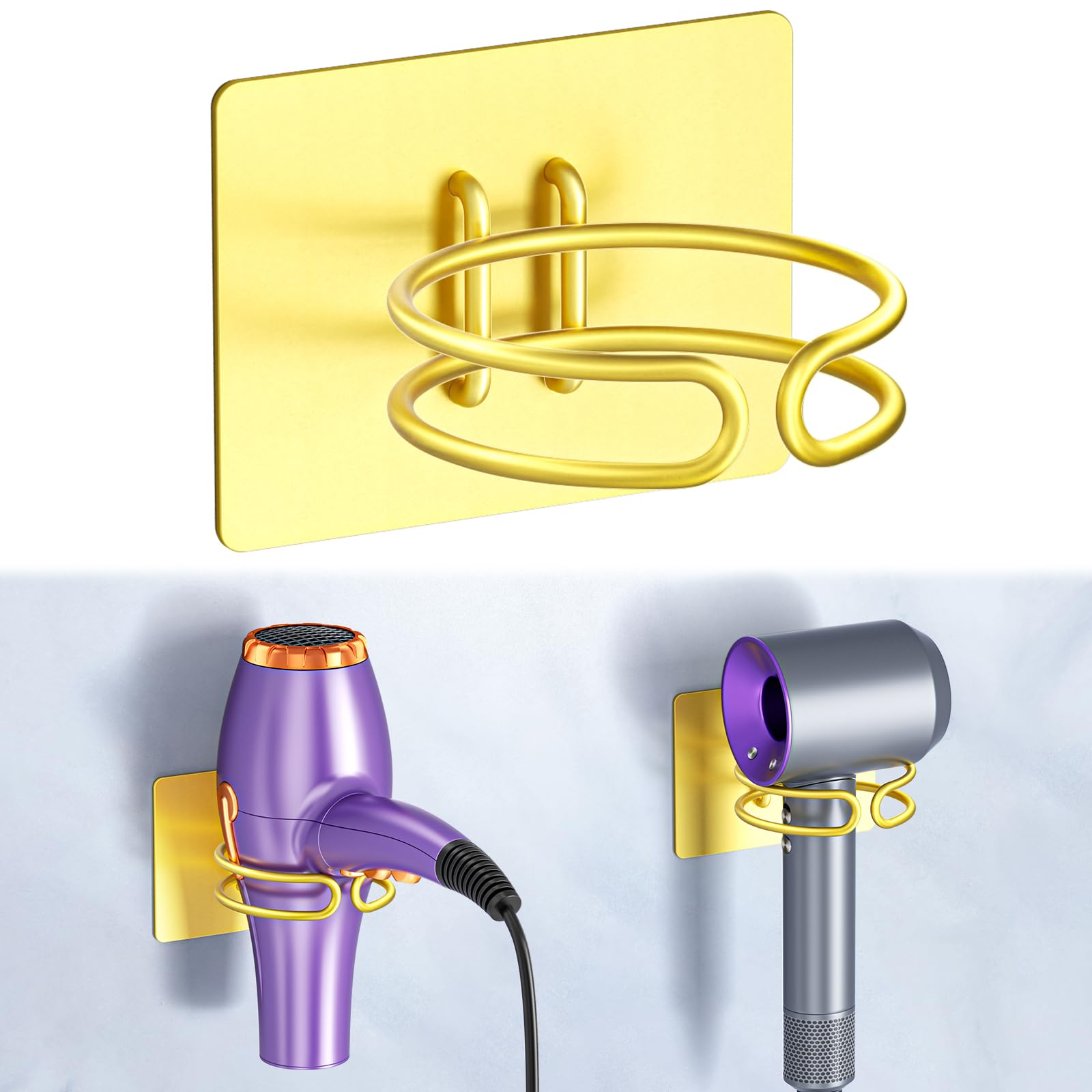Blow Dryer Holder Wall Mounted, Hair Dryer Holder Stand for Most Hair Dryers Organizer and Storage, Self Adhesive Hairdryer Hanger Rack for Bathroom and Cabinet, Gold