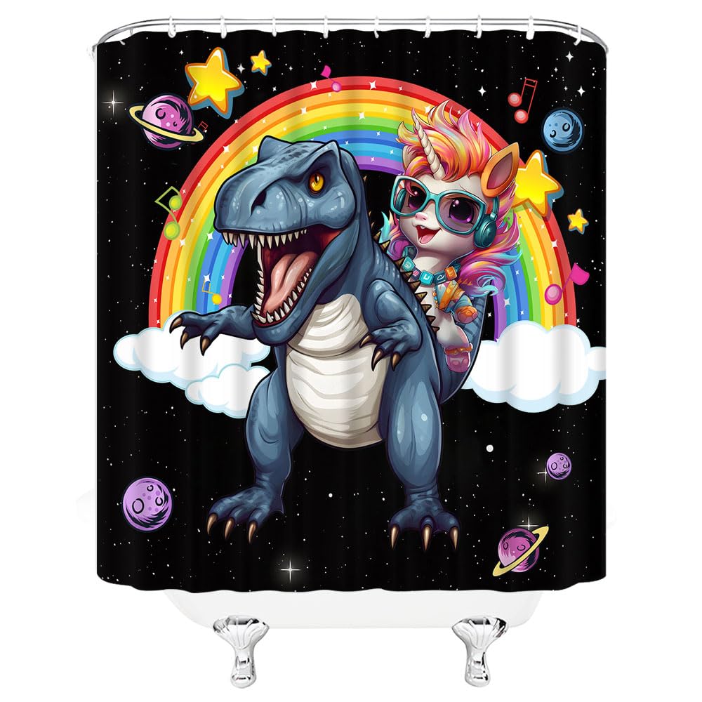 VPUPCN Unicorn Riding Dinosaur Shower Curtain for Kids,Funny Fantasy Animal Rainbow Galaxy Space Cartoon Cool Boys Girls Polyester Curtains Bathroom Decor with Hooks 70wX70h Inch