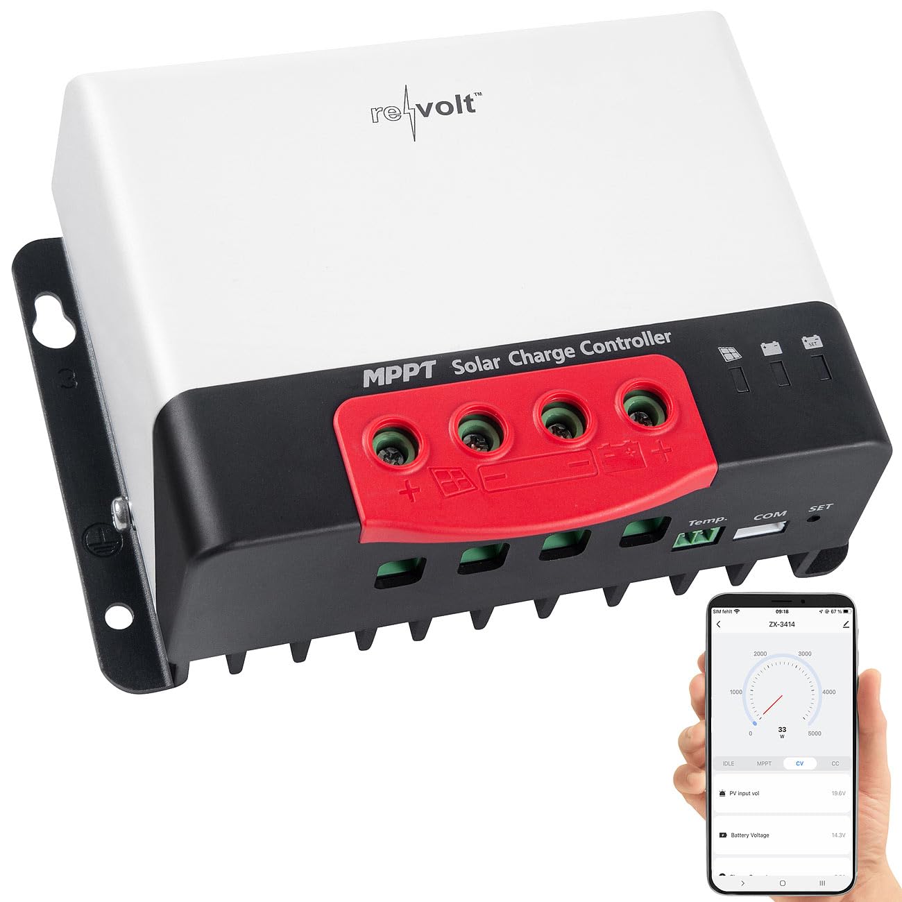 revolt Regolatore di carica solare MPPT 12/24 V, 20 A, Bluetooth e app