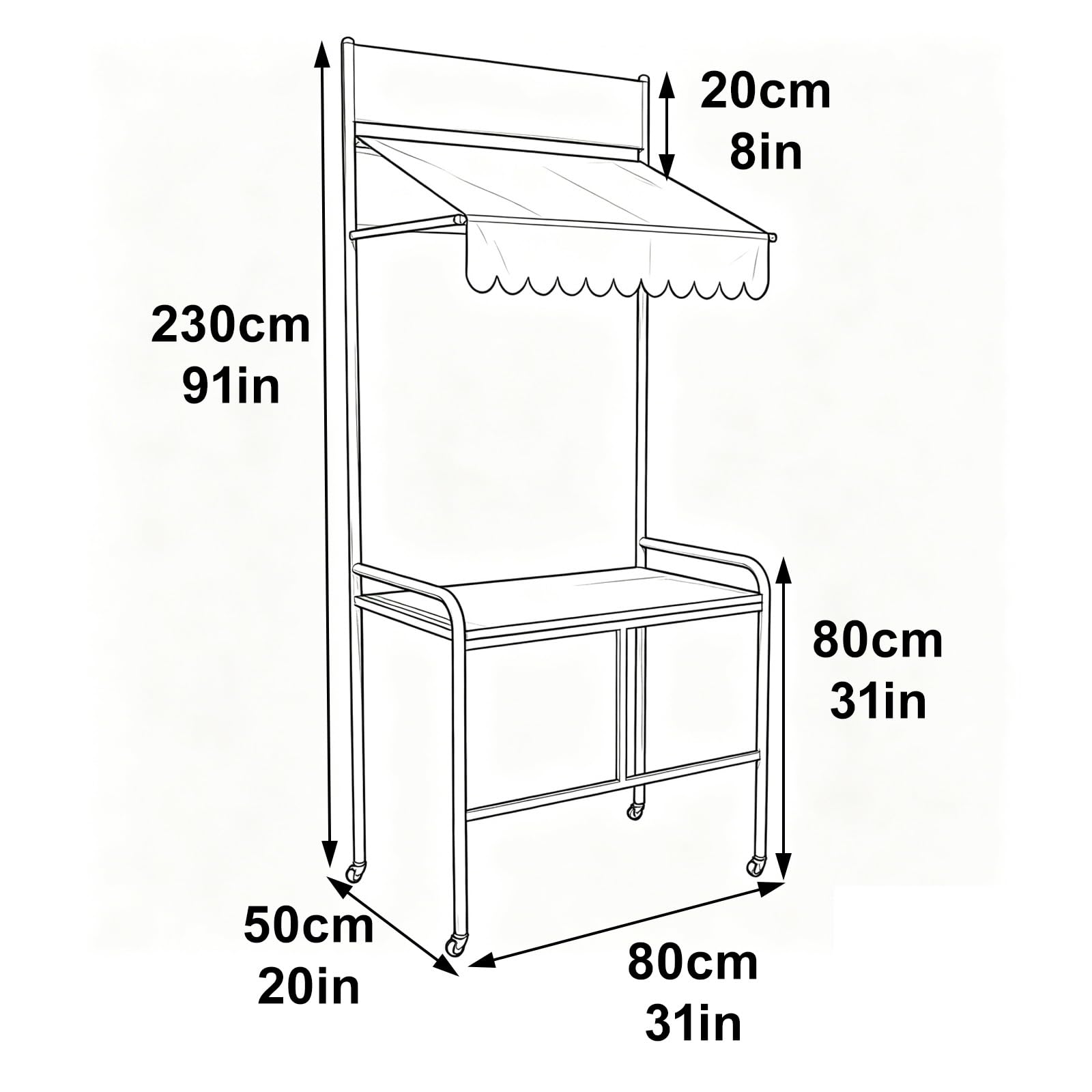 Puesto de Mercado Móvil con Toldo, Stand de Venta para Ferias, Expositor de Metal Ajustable para Eventos y Mercadillos(Black,100x50x230cm/39x20x91in)