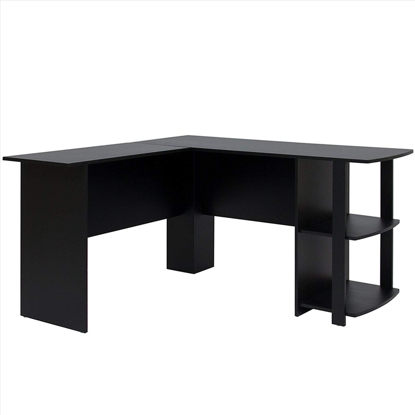 Bureau d'ordinateur d'angle en L bois noir FCH avec étagères deux niveaux gain de place