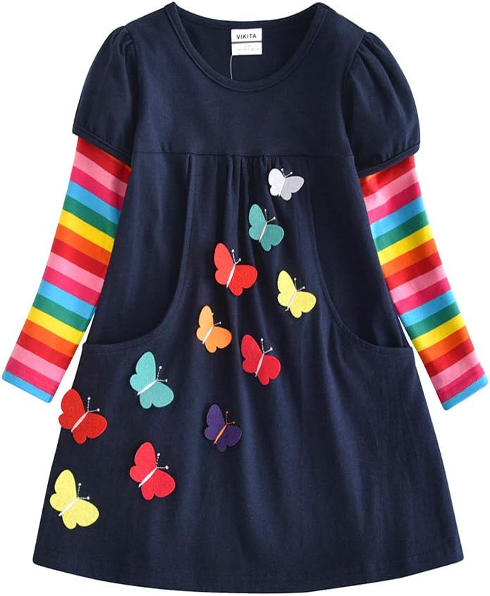 Little Girls Cartoon Stripe Short Sleeve T-Shirt Dresses 1-8 Years