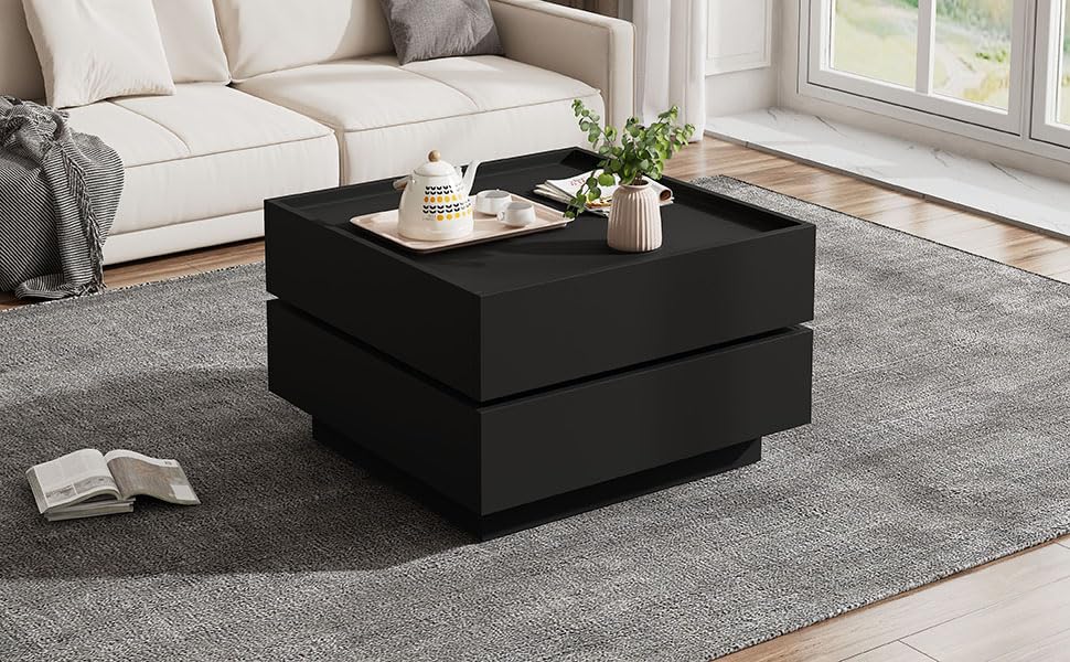 Mesa de centro giratoria anticaídas con cajón de almacenamiento negro 2