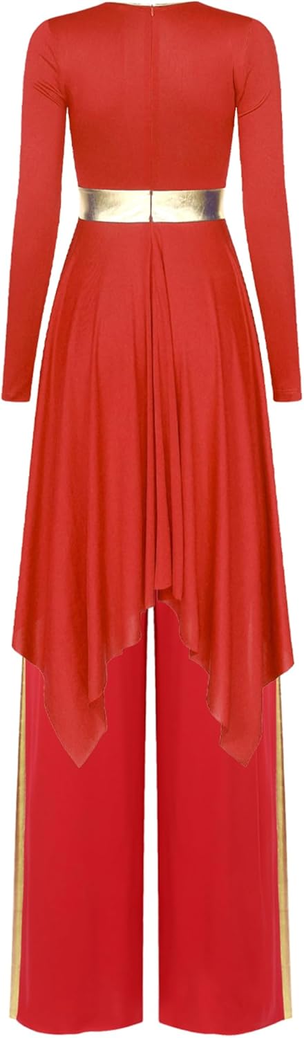 Aislor Womens Liturgical Worship Praise Dance Dress Long Sleeve Overlays Tunic with Wide Leg Baggy Pants Set