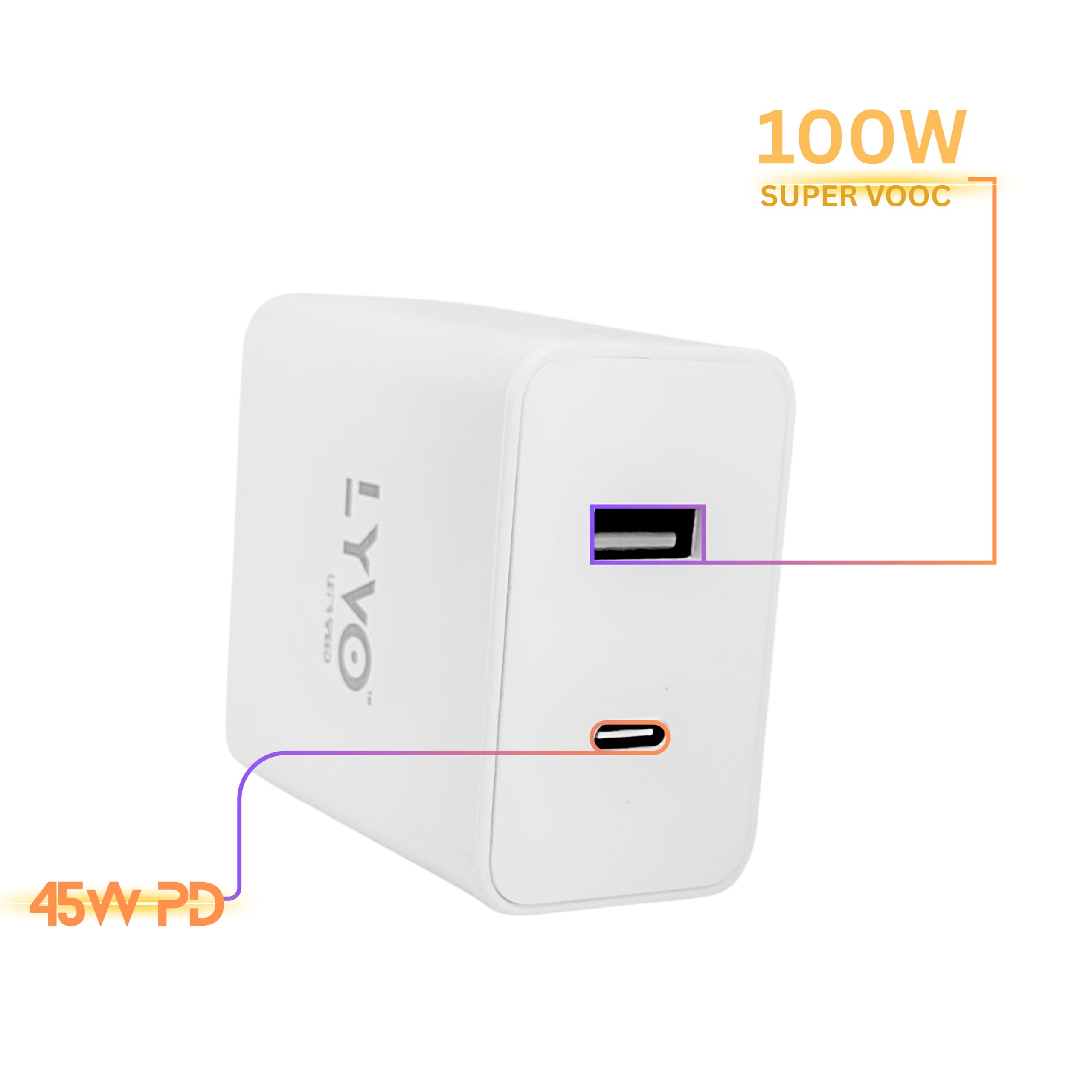 LYVO 140W PD (Power Delivery) Fast Wall Charger with Dual Ports (USB-A & Type-C) | 7.3A Universal Adapter for Mobile Phones, Tablets, Laptops & More | Includes Detachable USB-C to USB-C Cable (White) - Image 2 thumbnail