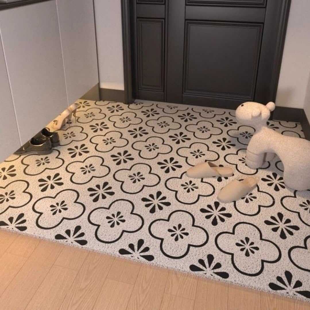 Surwin Modern Fußmatte PVC Schmutzfangmatte Waschbar, Fussmatte Aussen Eingangsteppich Fussabtreter Aussenbereich Türmatte für Flur, Eingangsbereich Innen rutschfeste Trocknend (Blumen,80x120cm)