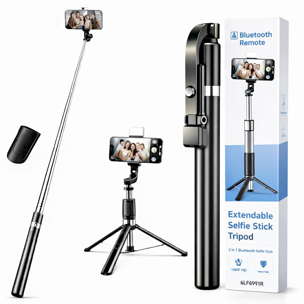 X3 Selfie Stick with Tripod Stand, 6 Feet Length, Wireless Remote, Detachable Holder, Bluetooth Compatible for iPhone/Android - Perfect for Vlogging & Photo Shoots (6FT Stick with Light.Zip)