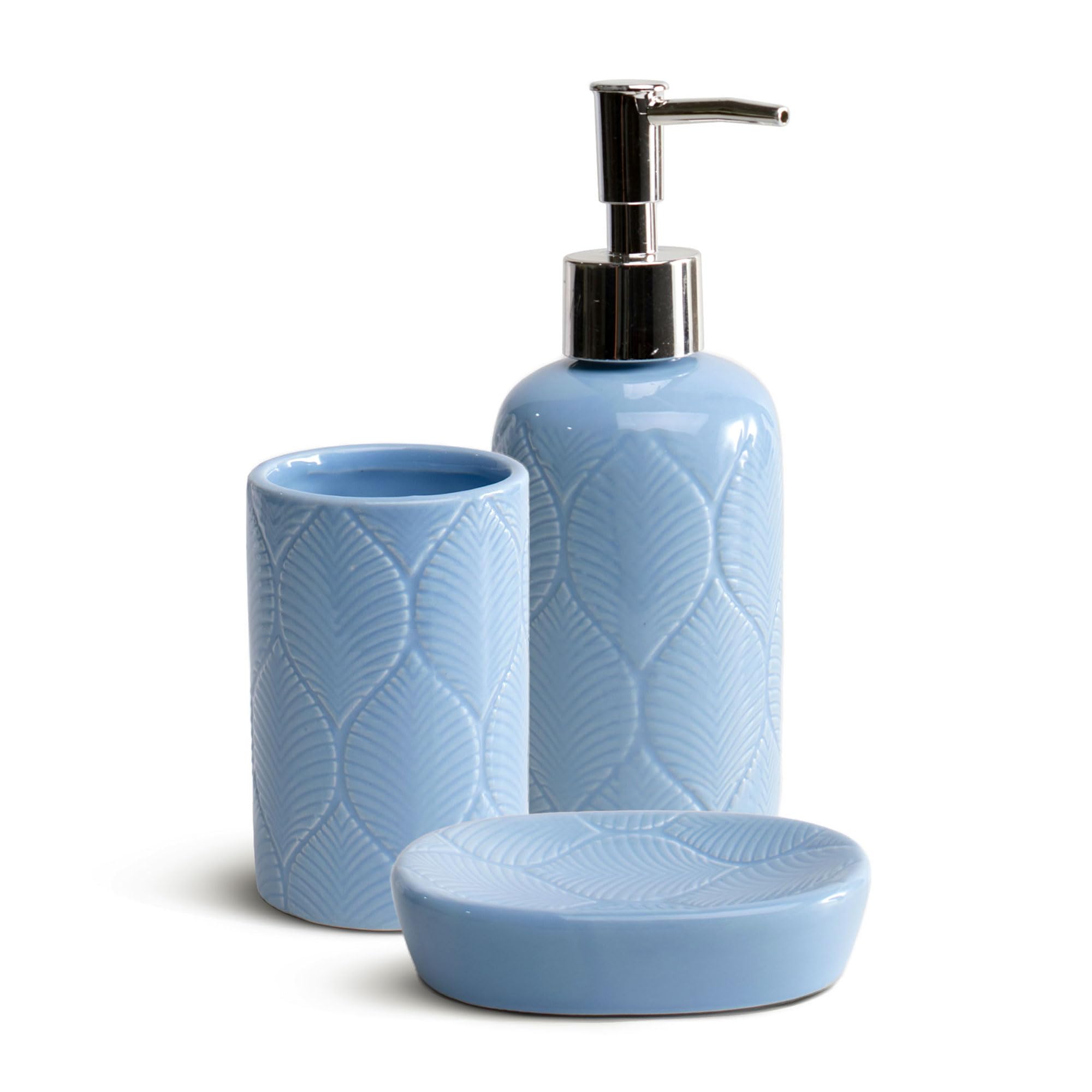 THE SECRET HOMEā Set de BaƱo de 3 Piezas ā Conjunto de Acessorios para Aseo de DiseƱo Modernoā Juego de BaƱo con Dispensador de Jabón, Vaso y Jaboneraā Diversos Modelos (Modelo 5- Azul)