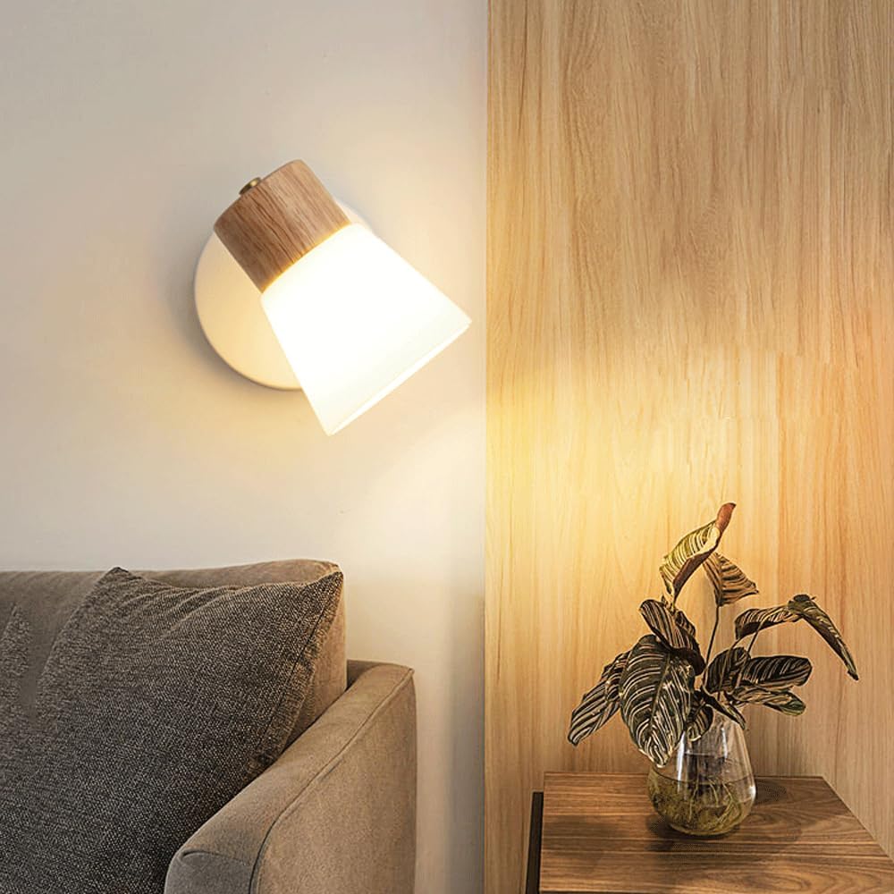 モダンな木製壁取り付け用燭台調節可能なベッドサイド読書壁ランプすりガラスシェード付きホワイトヴィンテージウォールランプ、回転可能な屋