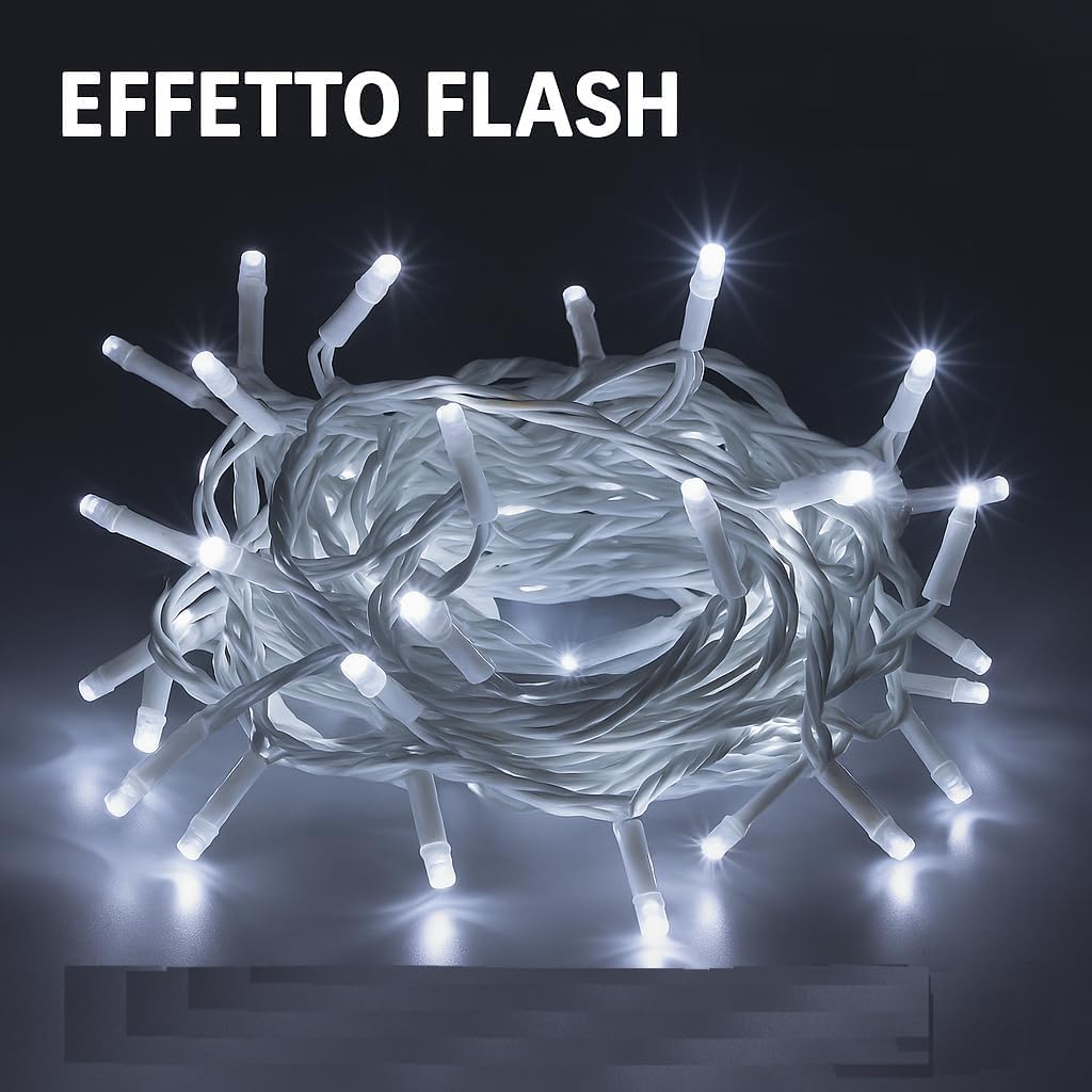 Elektronova Catena Luminosa 300 LED, 30Mt, Luce Bianca, Cavo Bianco, IP65, Prolungabile, Effetto Flash, ghirlanda nataliza, negozi, balcone natale