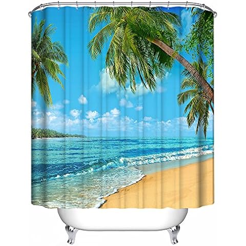Dimaka Coastal Beach Shower Curtain Coconut Tree Waterproof Anti-mold Resistant Bathroom Curtain Washable Polyester Fabric Home Decor for Bath with 12 Hooks 180x180 cm Blue Cover