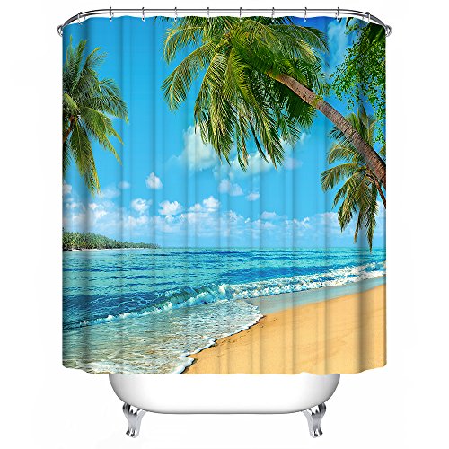 Dimaka Water Resistant Water Fabric Shower Curtain, Odorless Eco Fridendly Decoration Decor Bathroom Curtain [Relaxation Tropical],(71" W x 71" L, Beach and Coconut Tree, Coast) Cover