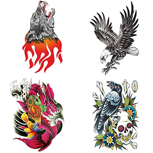 TAFLY Large Tattoo Stickers Wolf Eagle Skull Carp Designs Waterproof Temporary Tattoos Full Back Chest Body for Men 4 Sheets