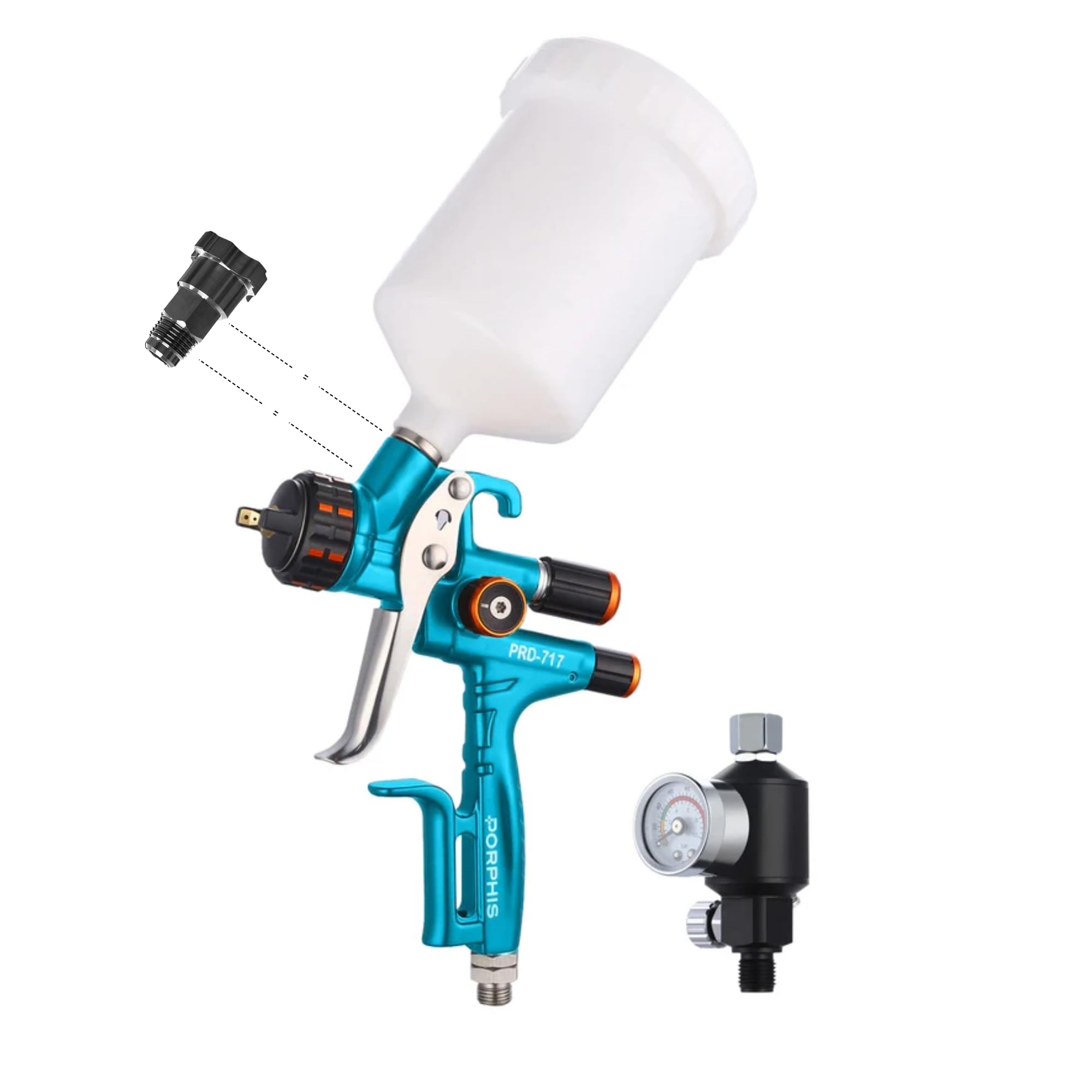 PORPHIS PRD-717 Sprühpistole, 1,3 mm, geteilte Düse, inklusive Inline-Regler und Filter, Einwegbecher 1.0-Adapter und Reinigungsset