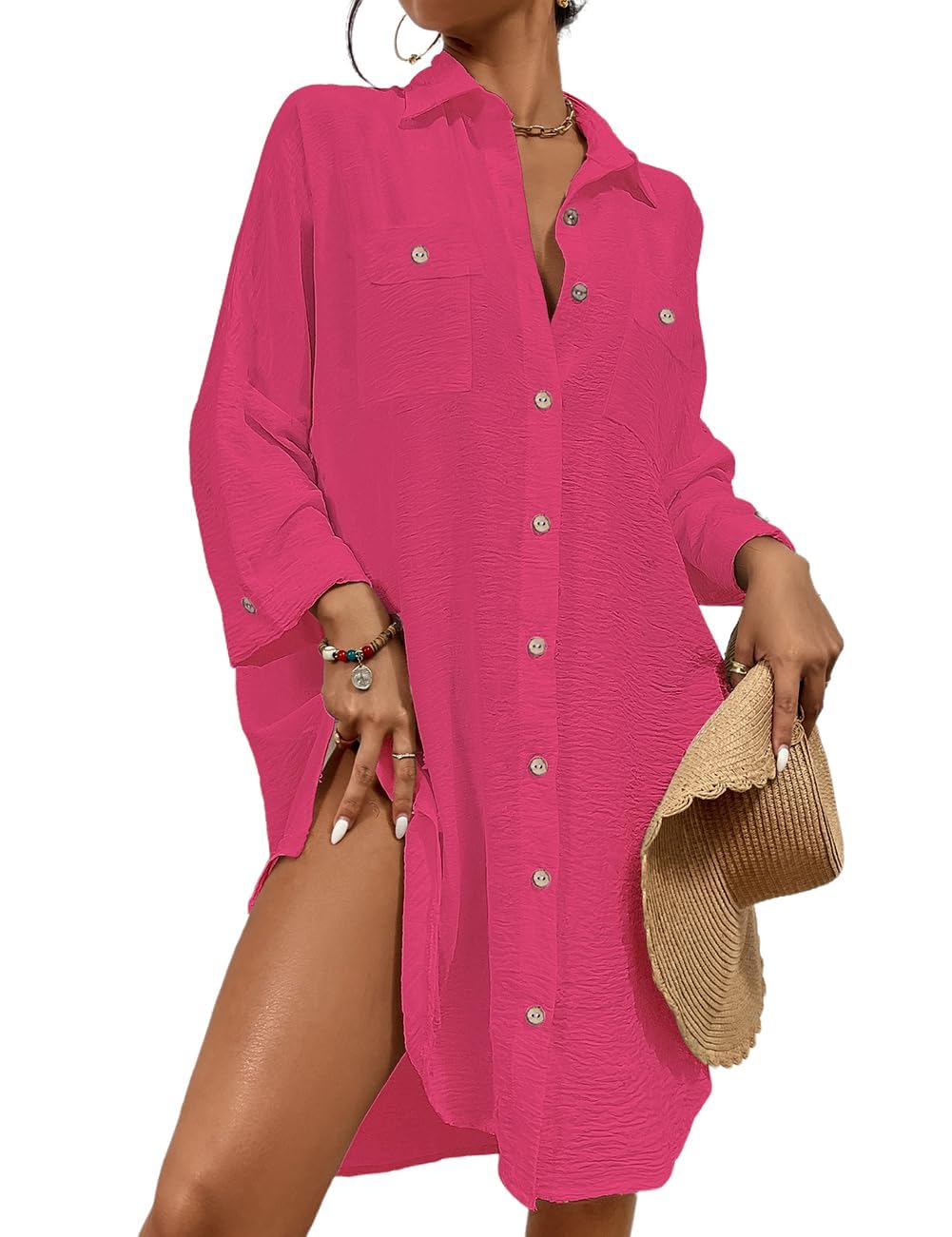 Women's Swimsuit Coverup Shirt Dress Button Down Swimsuit Cover Up Beachwear, B-rose red, L-image-24