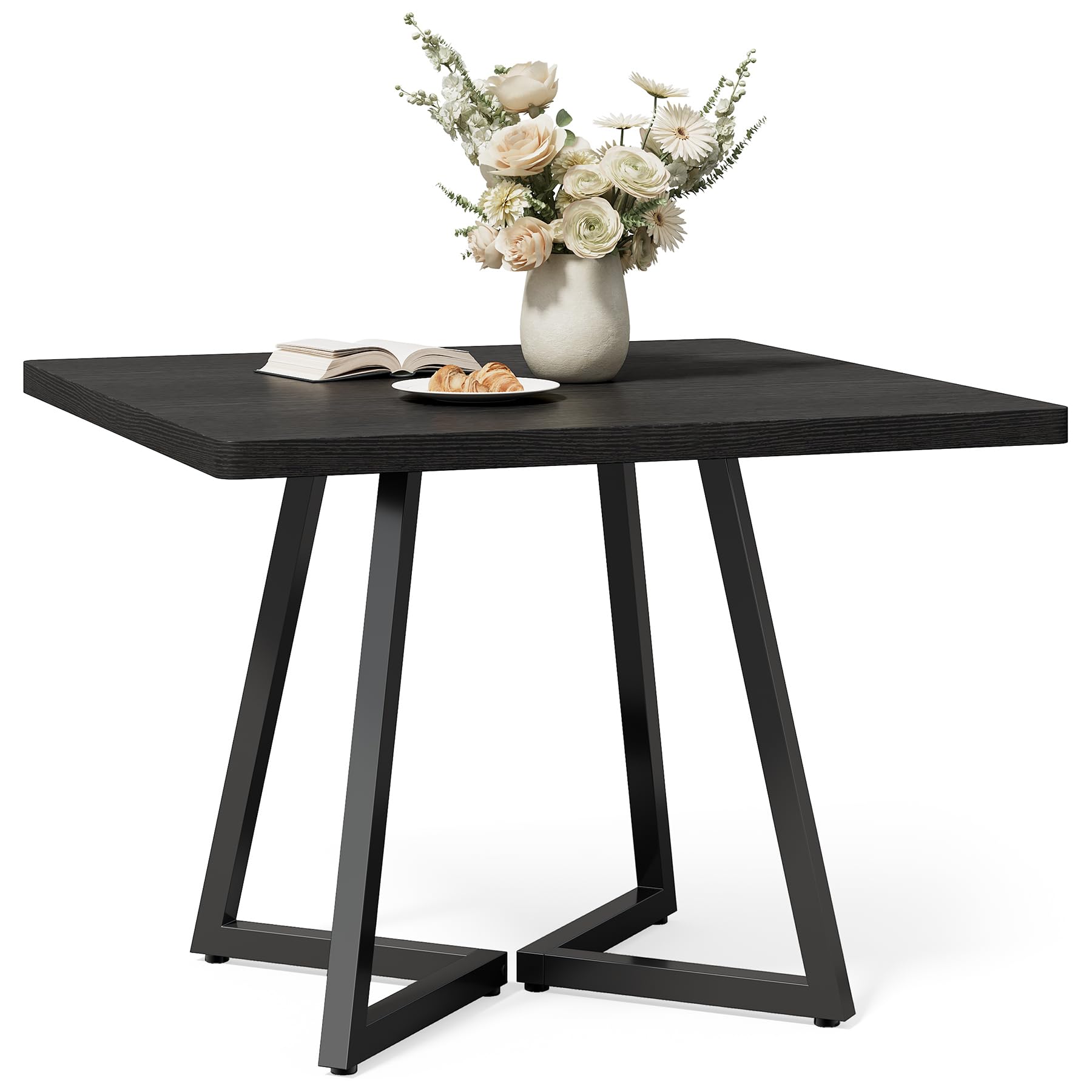 LITTLE TREE 80 cm Kleiner Esstisch für 4 Personen, quadratischer Esstisch für kleinen Raum, Esszimmertische, schwarzer Holz-Küchentisch mit Metallbeinen, moderner Freizeit-Café-Tisch für Wohnung