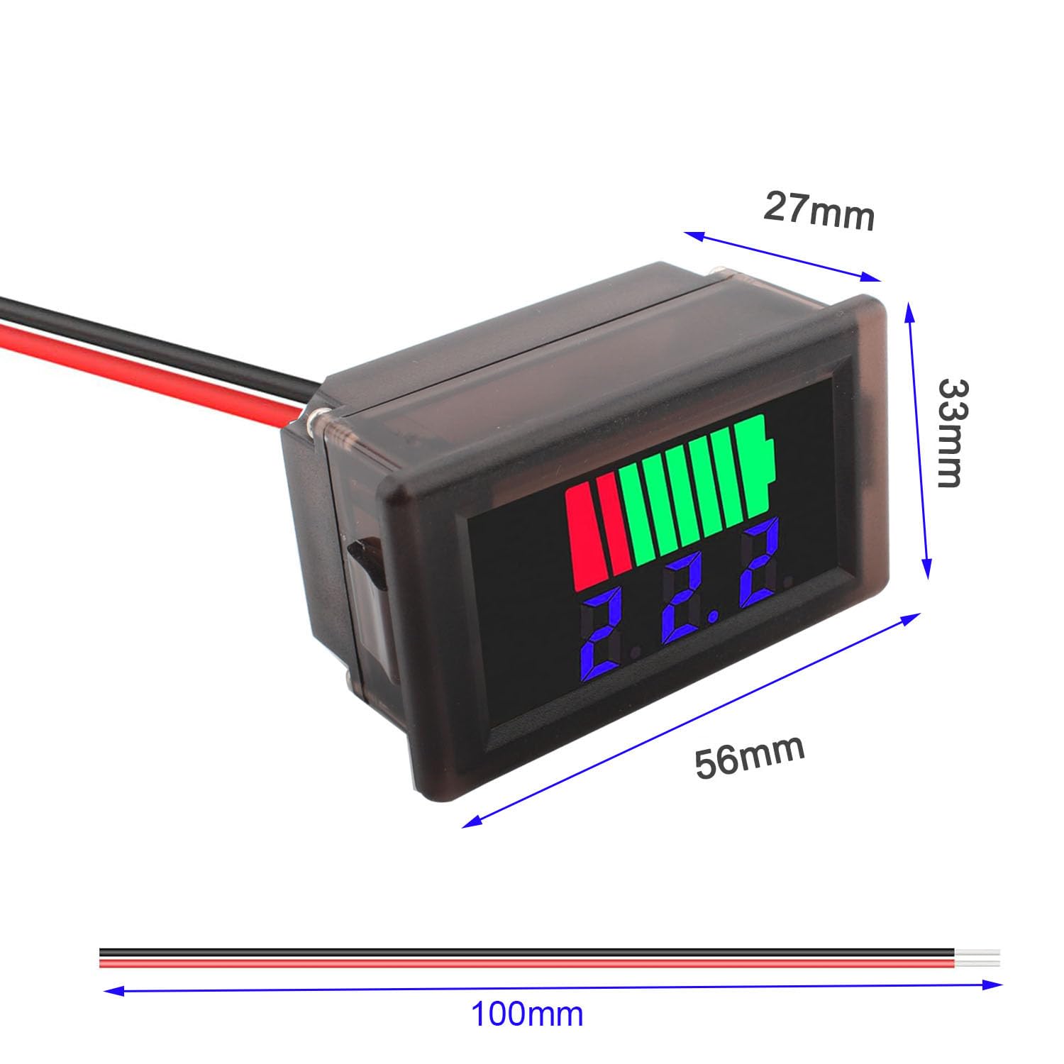 RUNCCI-YUN Indicatore di capacità della batteria, 2 Fil Voltmetro Digitale LED DC 12V 24V 36V 48V 60V Tester di capacità della batteria Blu (2PCS）