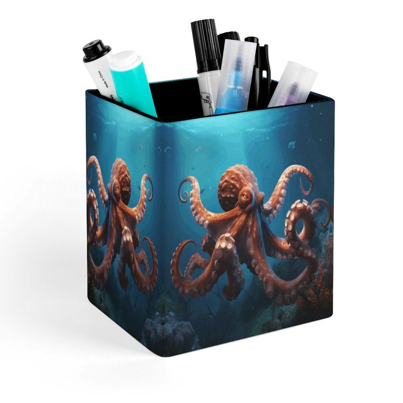 VstaDank Ocean Animal Octopus Pen Holder Square Pencil Holder Leather Pencil Cup Pen Organizer Makeup Brush Holders Pen Cups Desktop Stationery Organizer for Home Office Desk Organizers