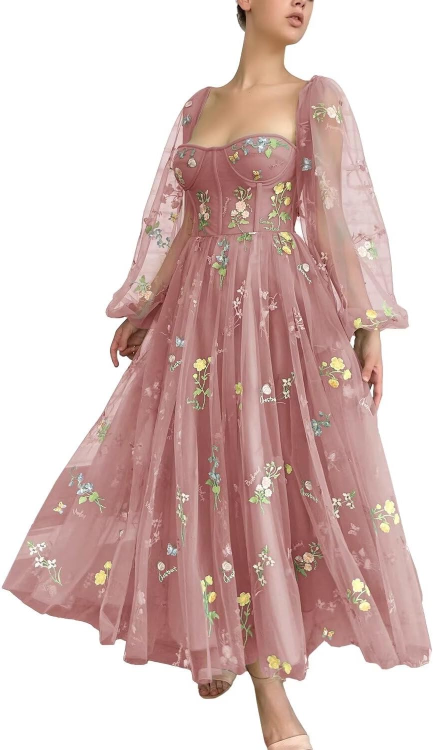 Xijun Women's Flowers Embroidery Tulle Prom Dress Long Sleeves Puffy Bodycon Tea Length Formal Evening Party Gowns