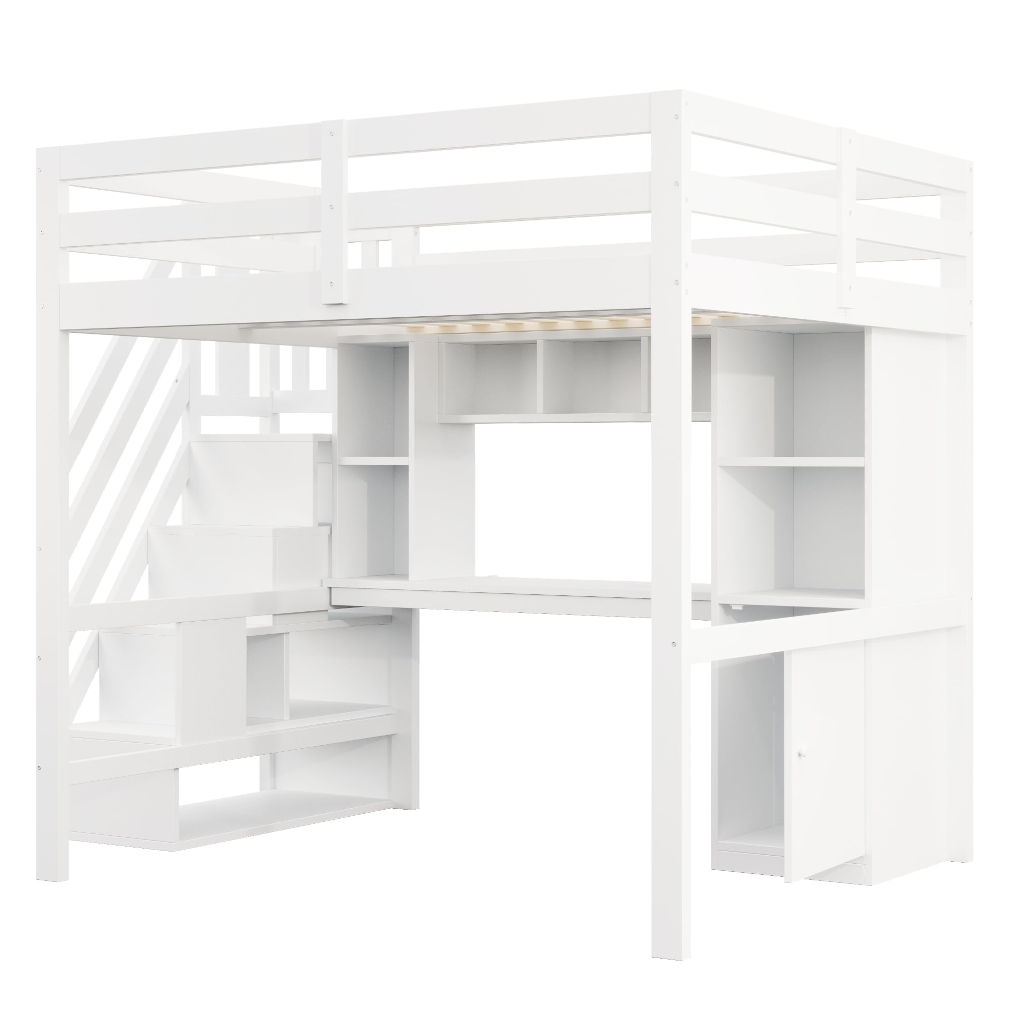 Letto a soppalco con scale, letto in legno bianco, con vano portaoggetti, scrivania, scaffali, illuminazione a LED e prese standard UE e griglie di sicurezza elevate (140 x 200 cm (dimensioni