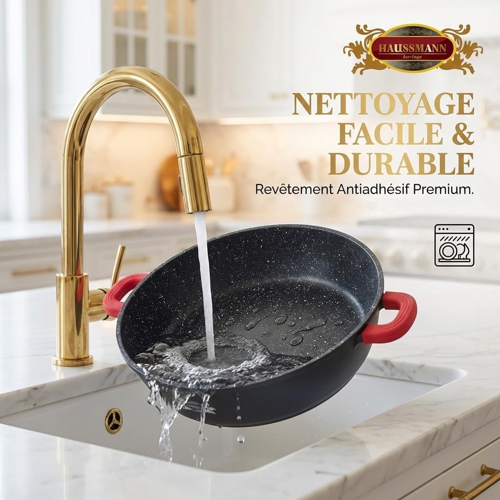 Haussmann Héritage Sauteuse Façon Pierre avec Couvercle Verre – Fonte d'Aluminium Induction & Four (260°C) – Poignées Silicone Isolantes – Grande Capacité pour Cuisine Familiale (40cm/9cm/10L)