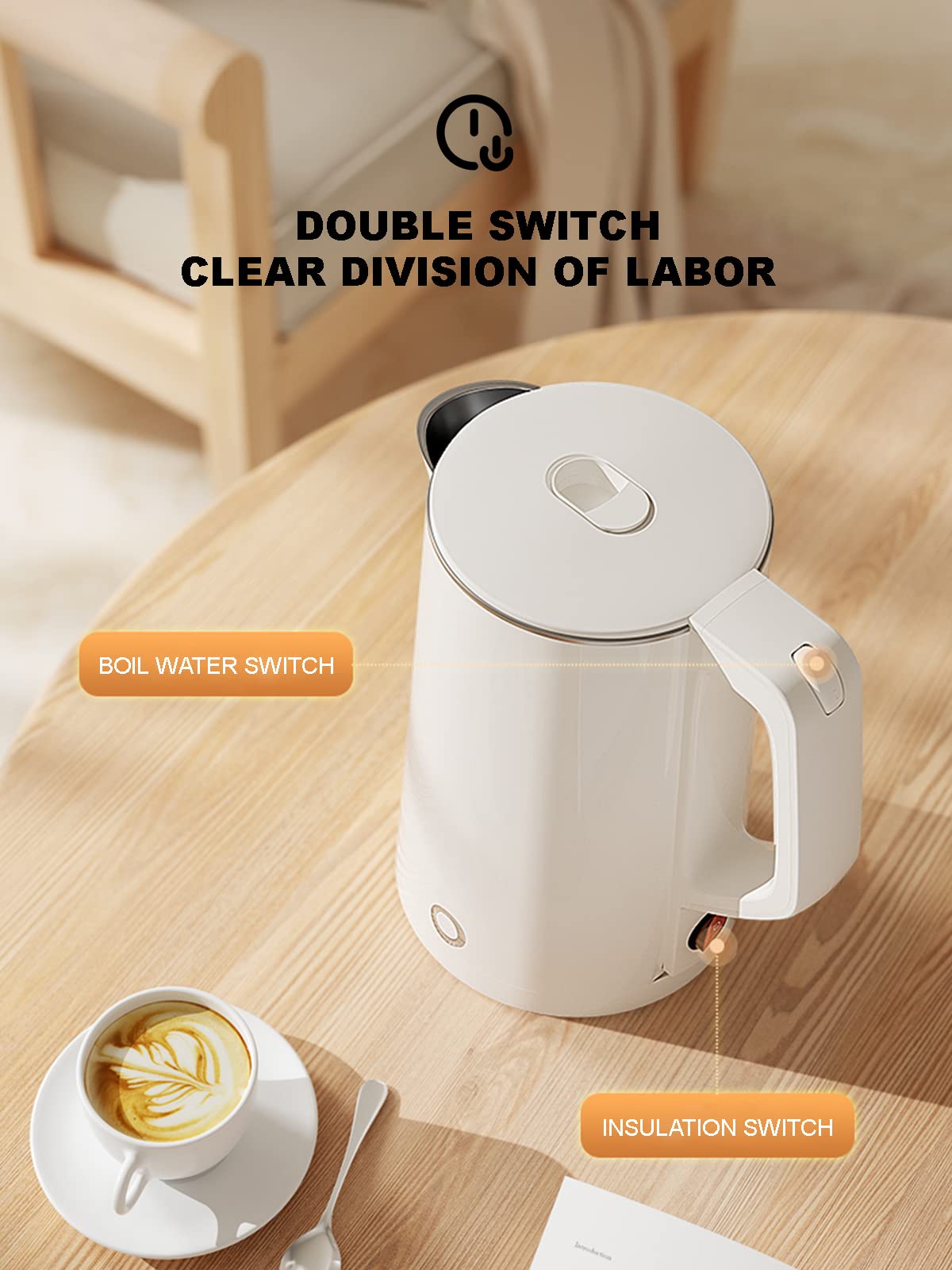 Hervidor Eléctrico Portátil Hervidor Eléctrico de 2 Litros, Protección Contra Ebullición Automática en Ebullición, Mantener Caliente, Hervidor de Acero Inoxidable de Primera Calidad/White