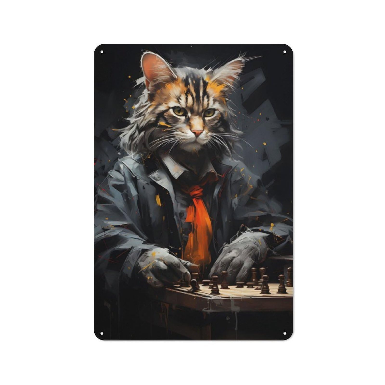 Vintage Tin Sign 30x20cm with Cat Playing Chess Painting for Café Or Restaurant, Suited to Wall Displays in Cafés And Restaurants