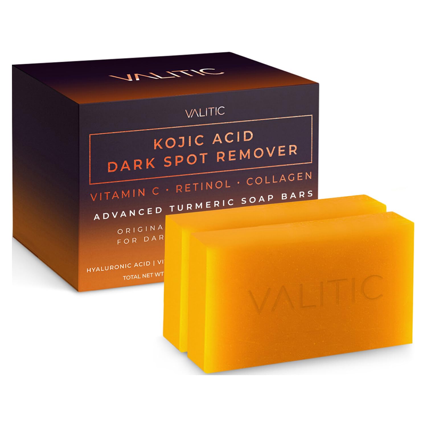 VALITIC Kojic Acid Dark Spot Remover Soap, Natural Bars with Vitamin C, Retinol, Collagen, Turmeric, 2-Pack (yellow)