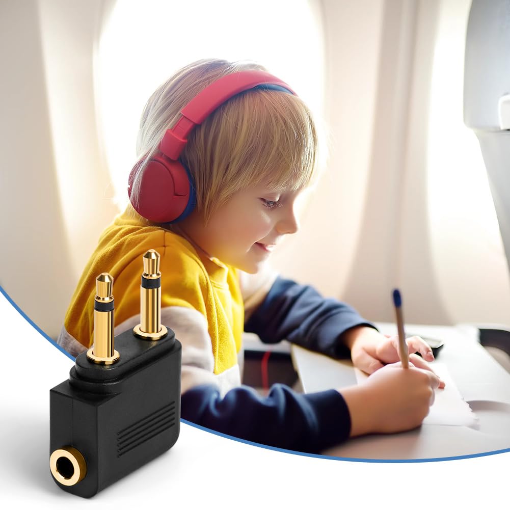 Adaptateurs pour Casque d’Avion Plaqué Or, Lot de 2, 3,5 mm Femelle AUX Audio Jack, Double Jack Adaptateurs Airline