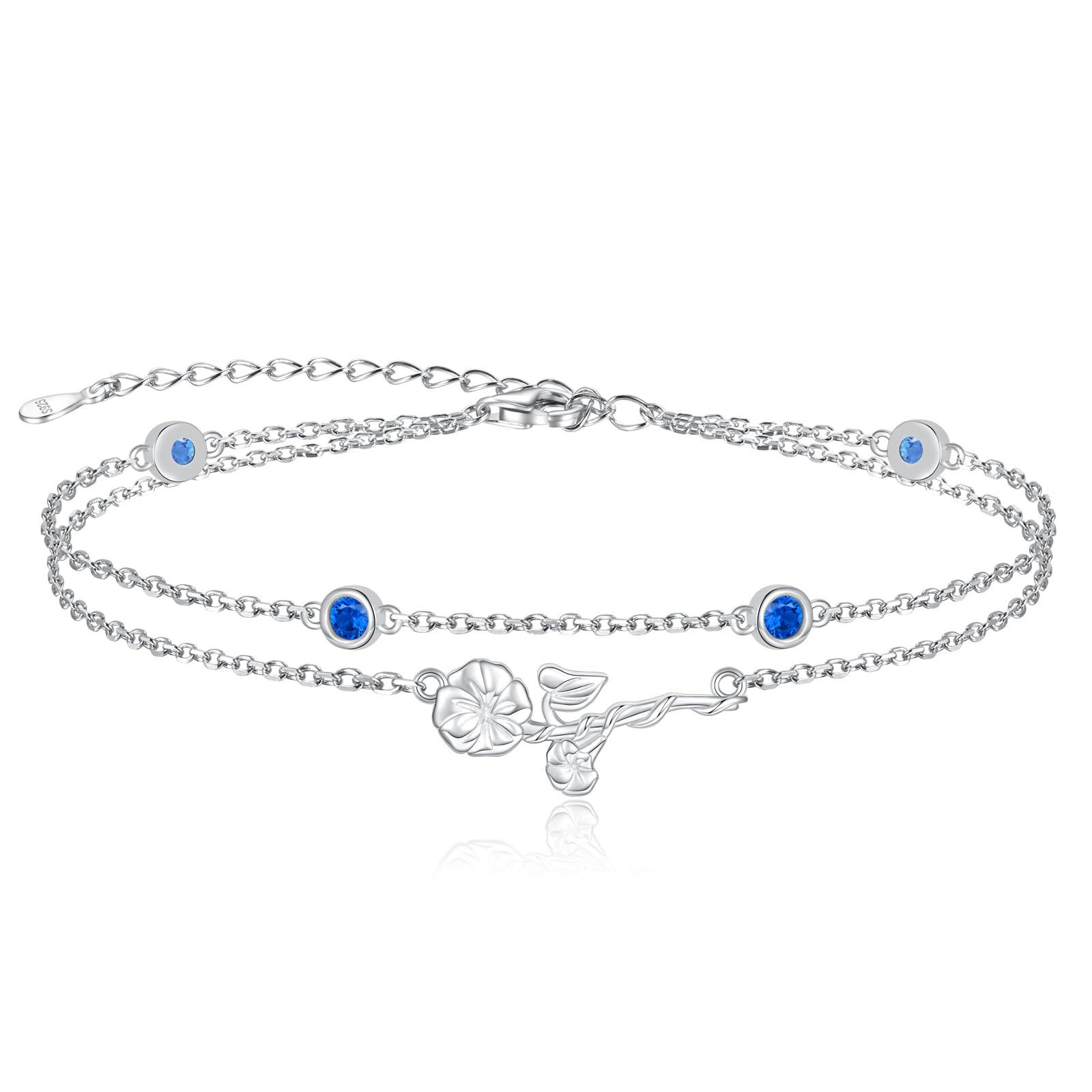 MANBU Birthstone Birth Flower Bracelet for Women: Sterling Silver double Layer Chain Birthstone Bracelet Birthday Gift for Teen