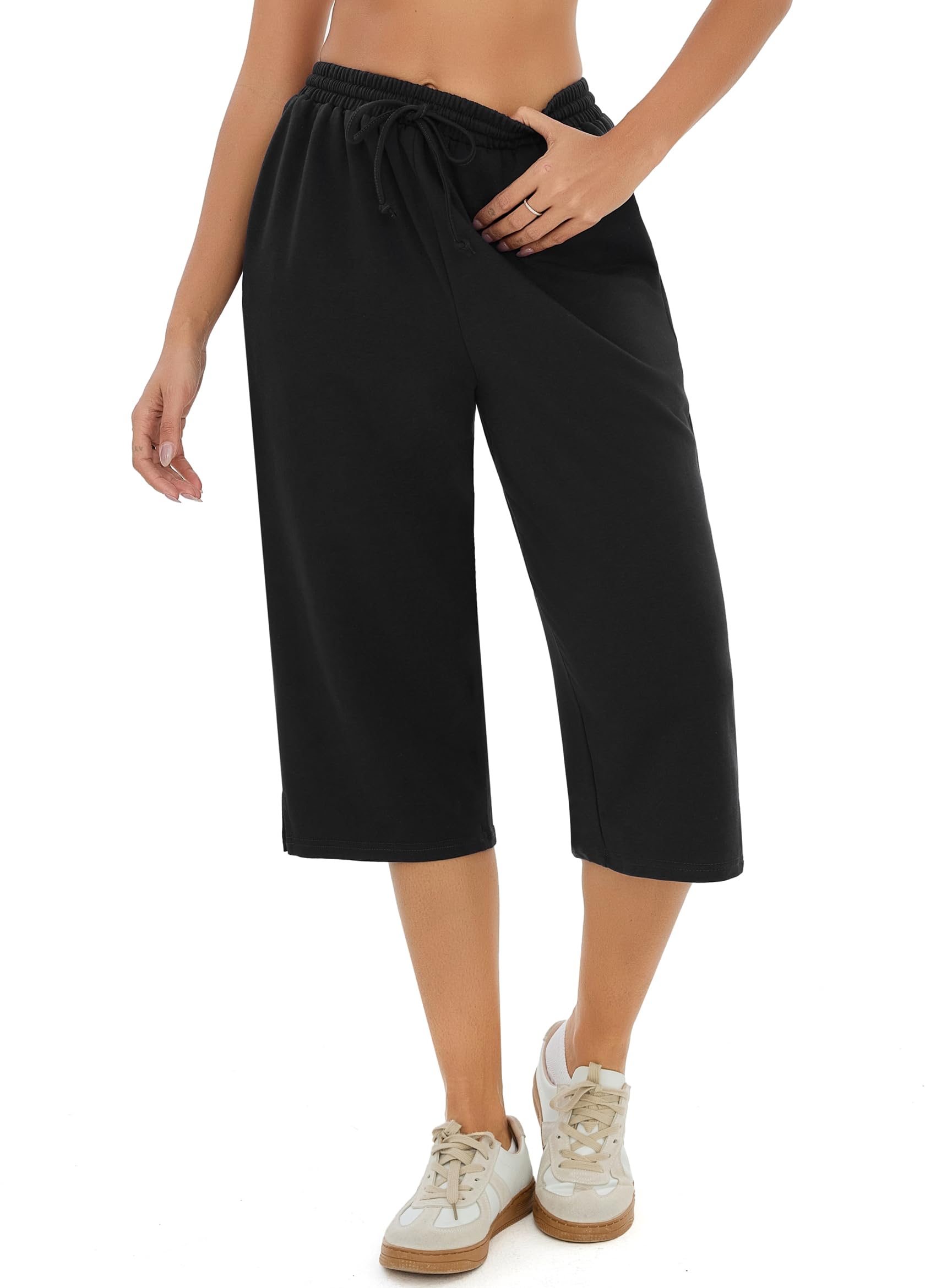 Demegimi Pantaloni 3/4 da Donna in Cotone Pantaloni Sportivi Donna a Vita Alta con Tasche Pantaloni Jogger Leggeri con Coulisse per Jogging Fitness Sport Yoga