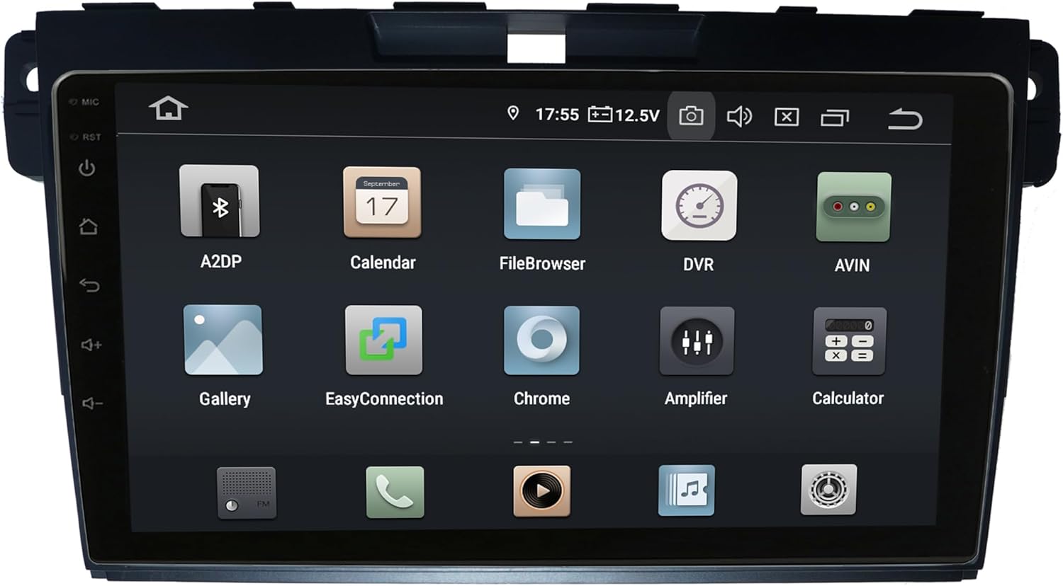 Screenshot of the TAFFIO head unit's main Android interface showing various app icons like A2DP, Calendar, FileBrowser, DVR, AVIN, Gallery, EasyConnection, Chrome, Amplifier, and Calculator.