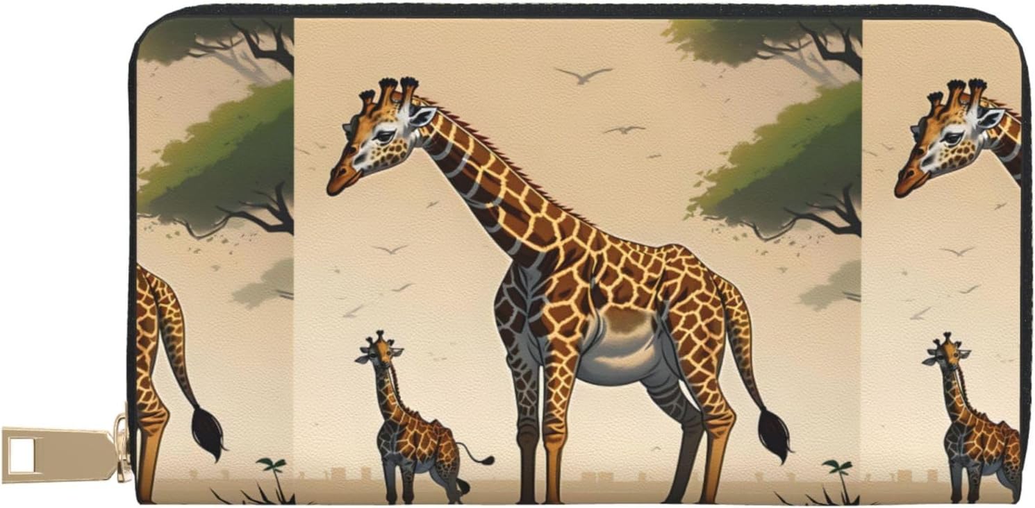Mother And Child Giraffe Unisex Long Microfiber Leather Wallet With Metal Zipper For Office Travel Dating Gifts