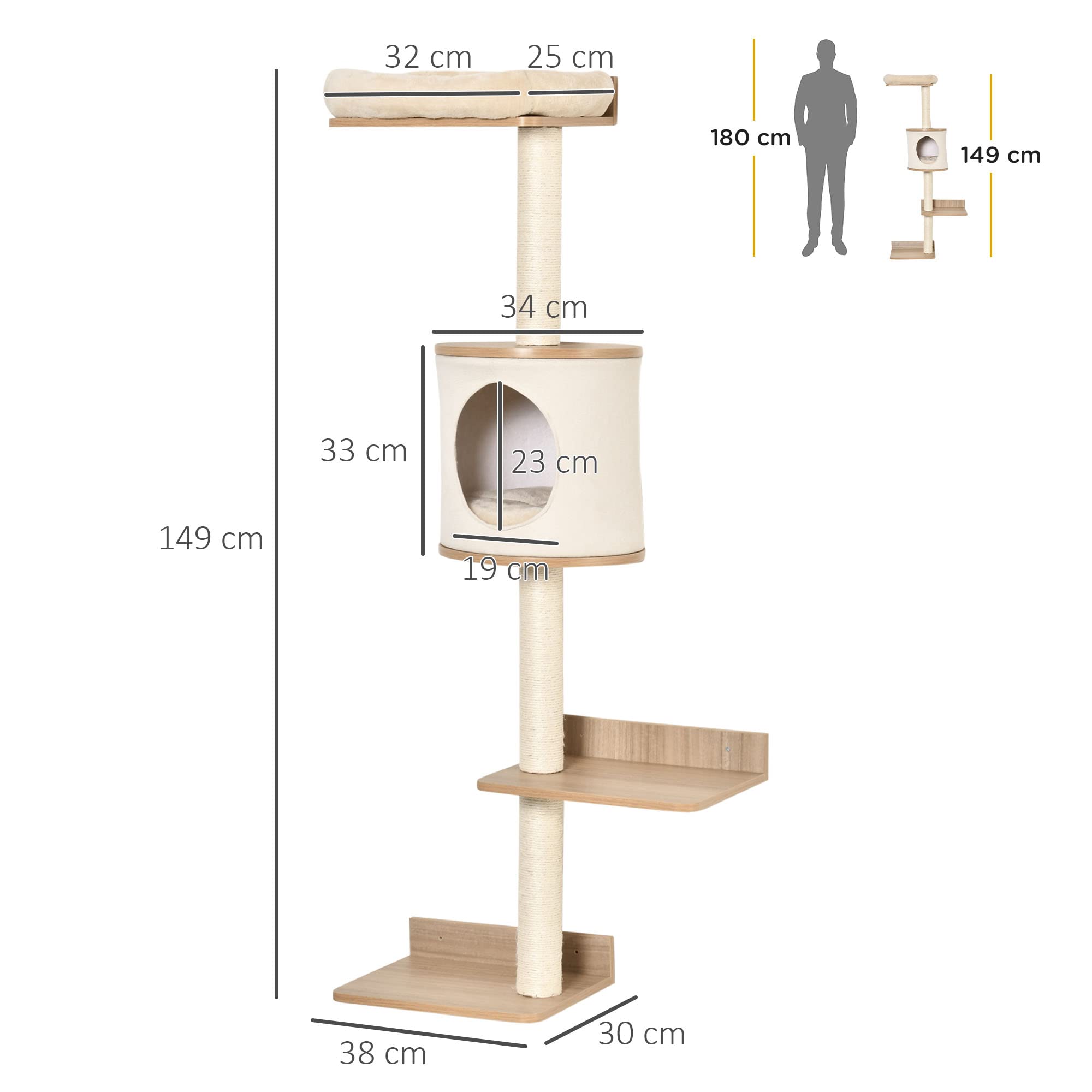 PawHut Arbre à Chat Mural 38x30x149 cm Tour lit Grotte Beige chêne
