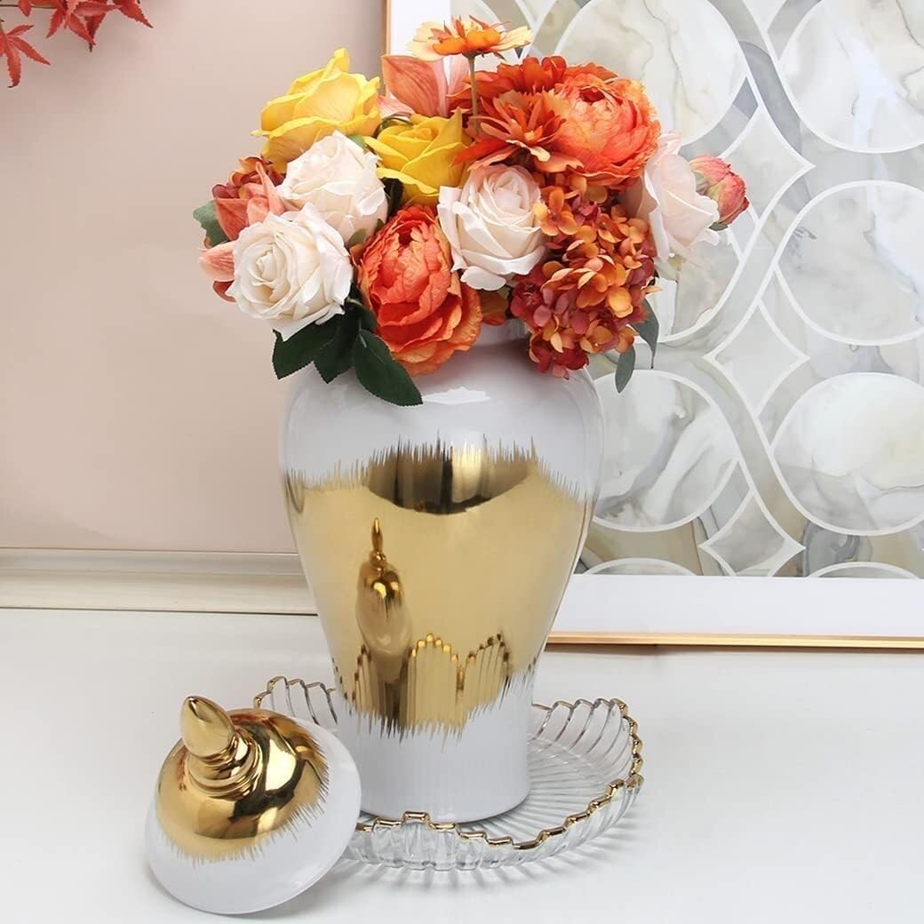 Home Decor Vaso di zenzero decorativo in ceramica vasi floreali con coperchio Vaso di zenzero con finiture in oro Barattoli di porcellana Vaso cinese