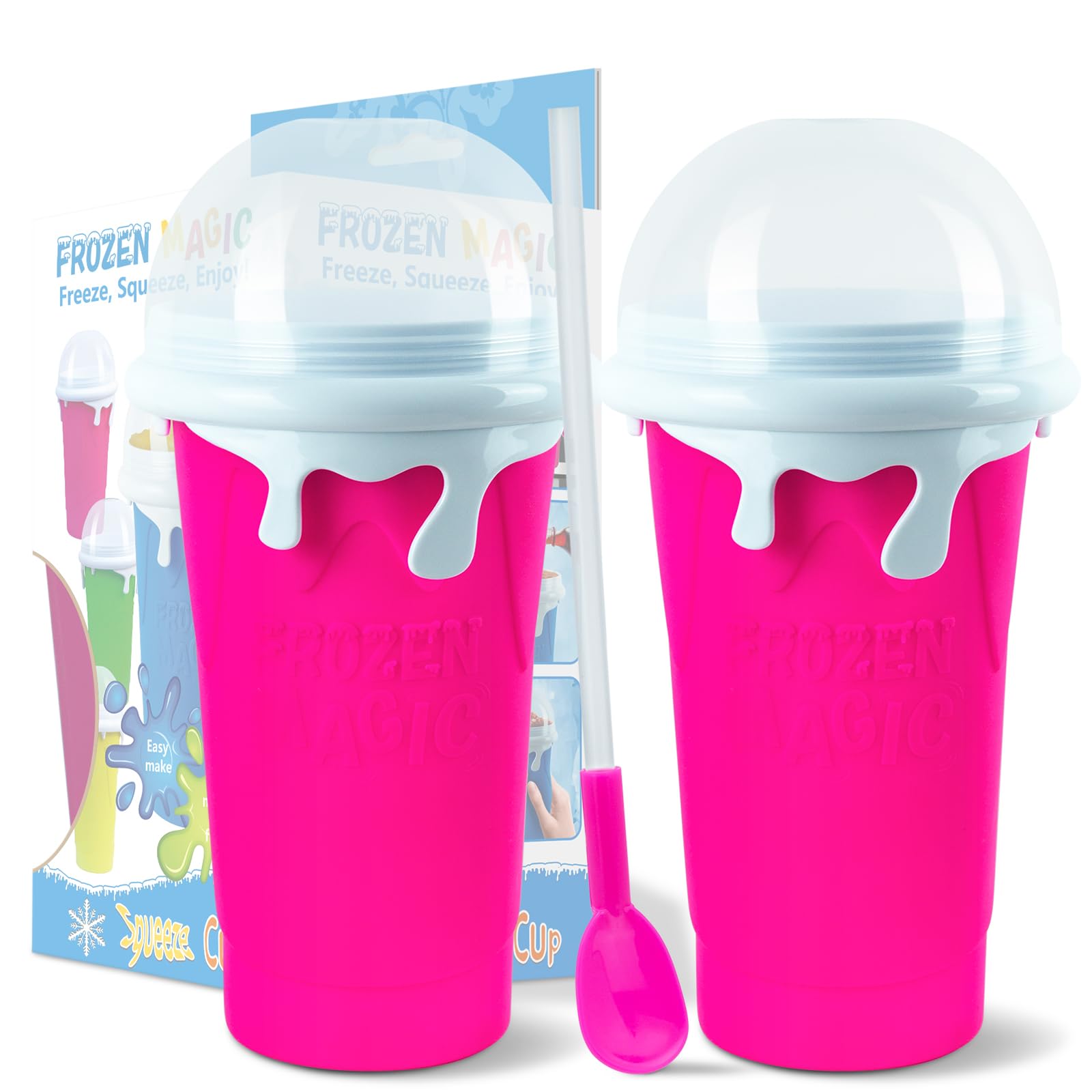 Slushy Maker Cup 16.9 oz Slushy Squeeze Cup for Homemade Milkshake, Magic Slushy, DIY Smoothie Maker for Kids, Ice Maker Cup Squeeze (2 in Pink)