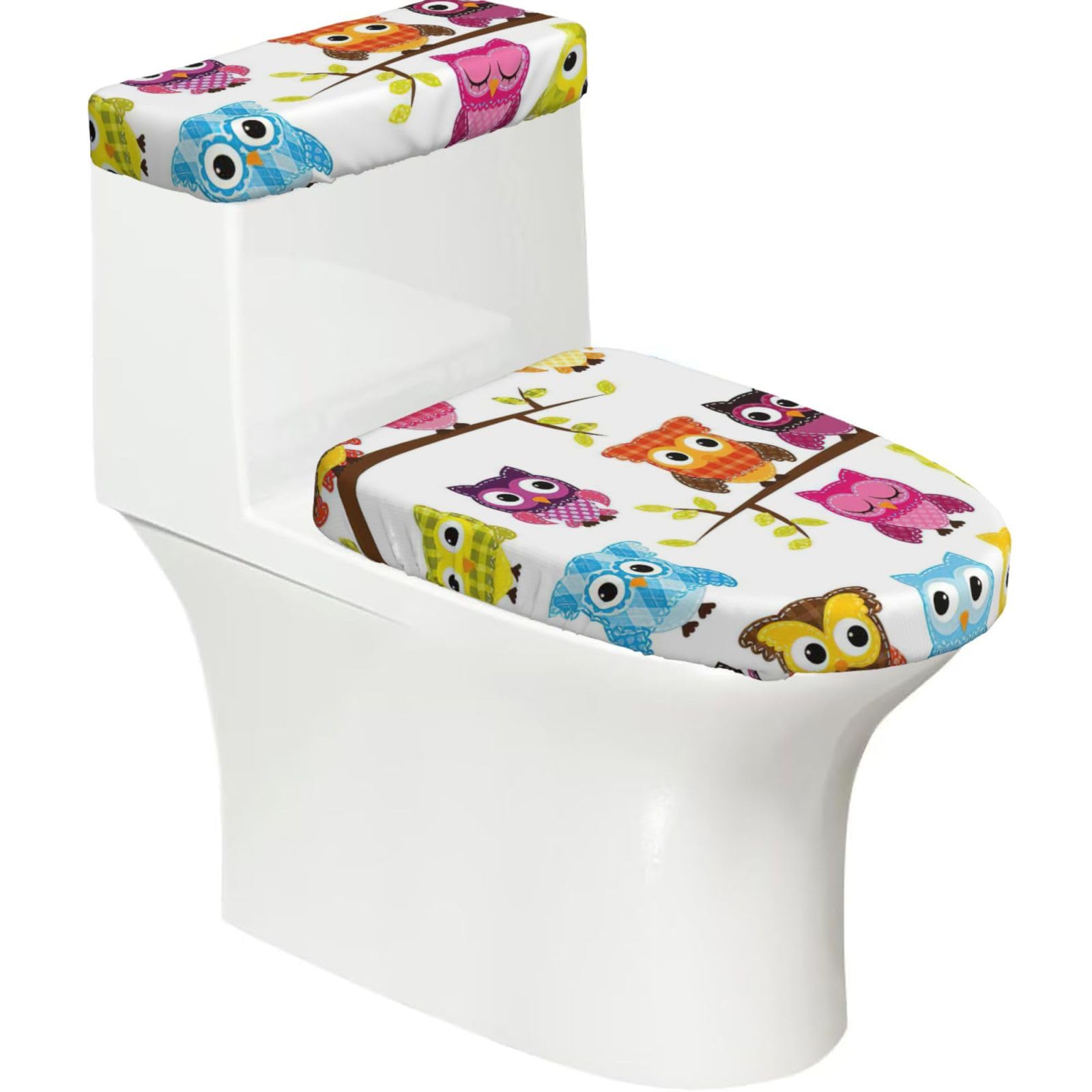 Owls On Tree Branches Print Stretch Toilet Covers Set, Polyester Covers Replacement For Fits Most Size Lids Bathroom Decor