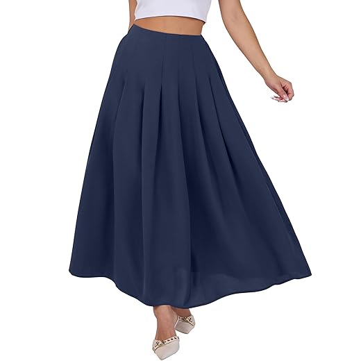 ANRABESS Saia maxi feminina plissada cintura alta comprimento até o tornozelo rodada elegante elegante casual trabalho saia longa