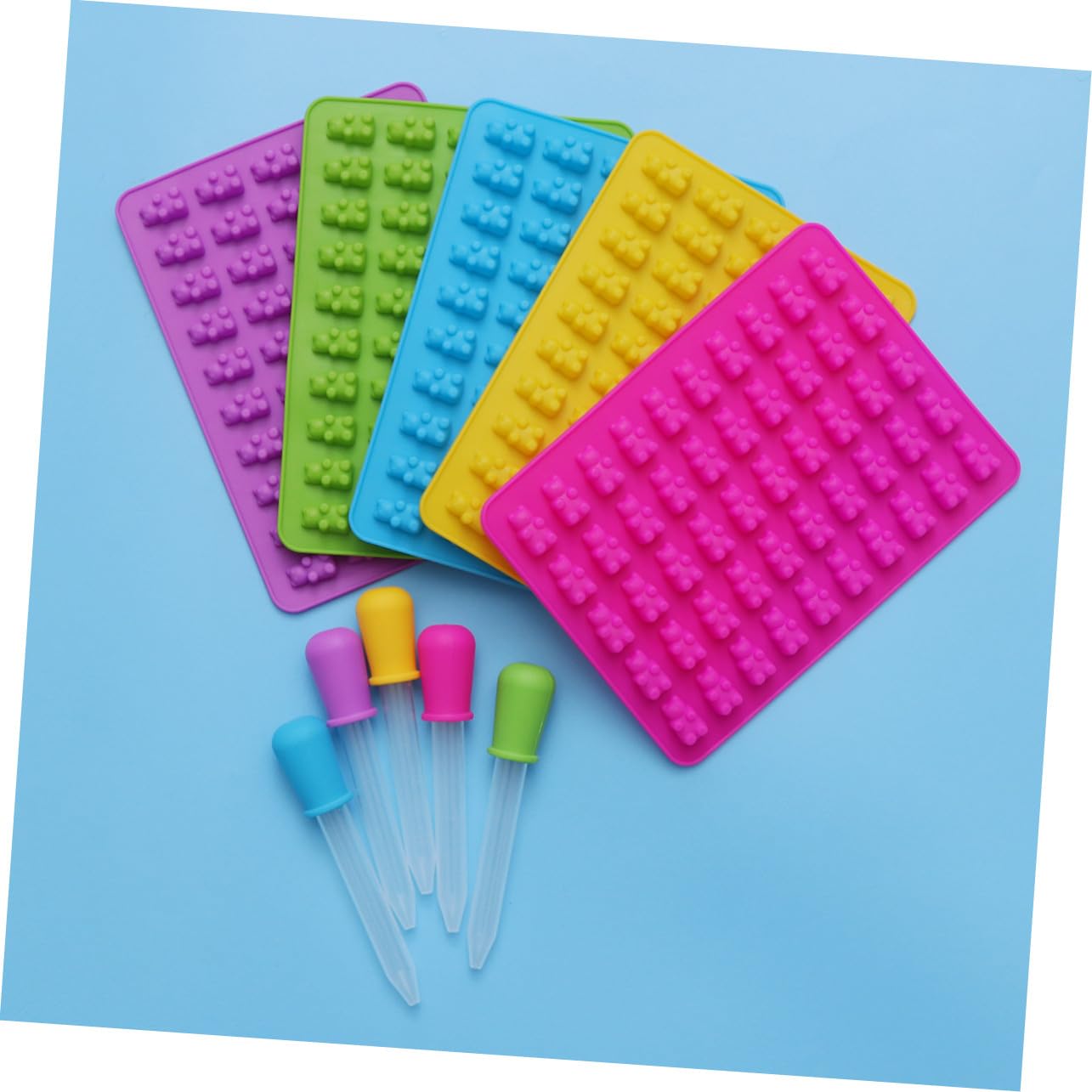 5sets Stampo Forma di Orso in Silicone con Contagocce per Preparare Caramelle Cioccolato Gommose e Dolcetti in Miniatura Facile da Usare e Pulire in Azzurro Verde Rosa e Giallo