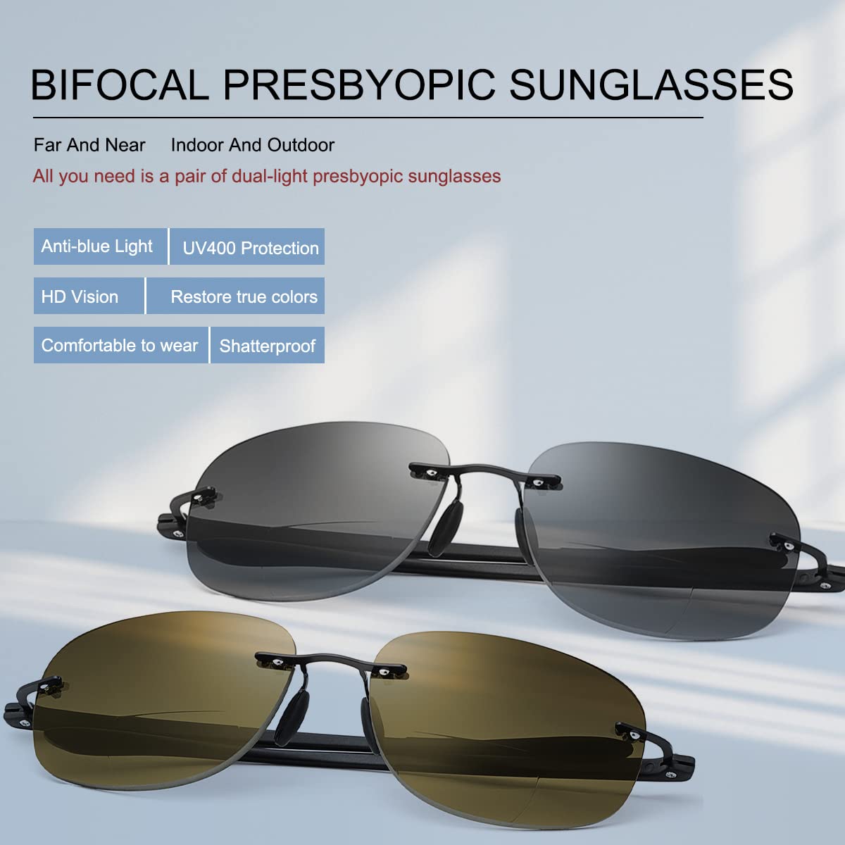 2.0 Rimless Bifocal Sunglasses Reading Glasses UV400 Protection Sport Sunglasses Blue Light Blocking Sun Readers for Men and Women Outdoor Driving Safety Eyeglasses Tinted Lens Shades Eyewear