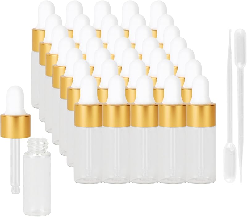 HLYHTGZ Conjunto com 36 Frascos Conta-Gotas de Vidro Transparente de 5 mL com Tampas Douradas