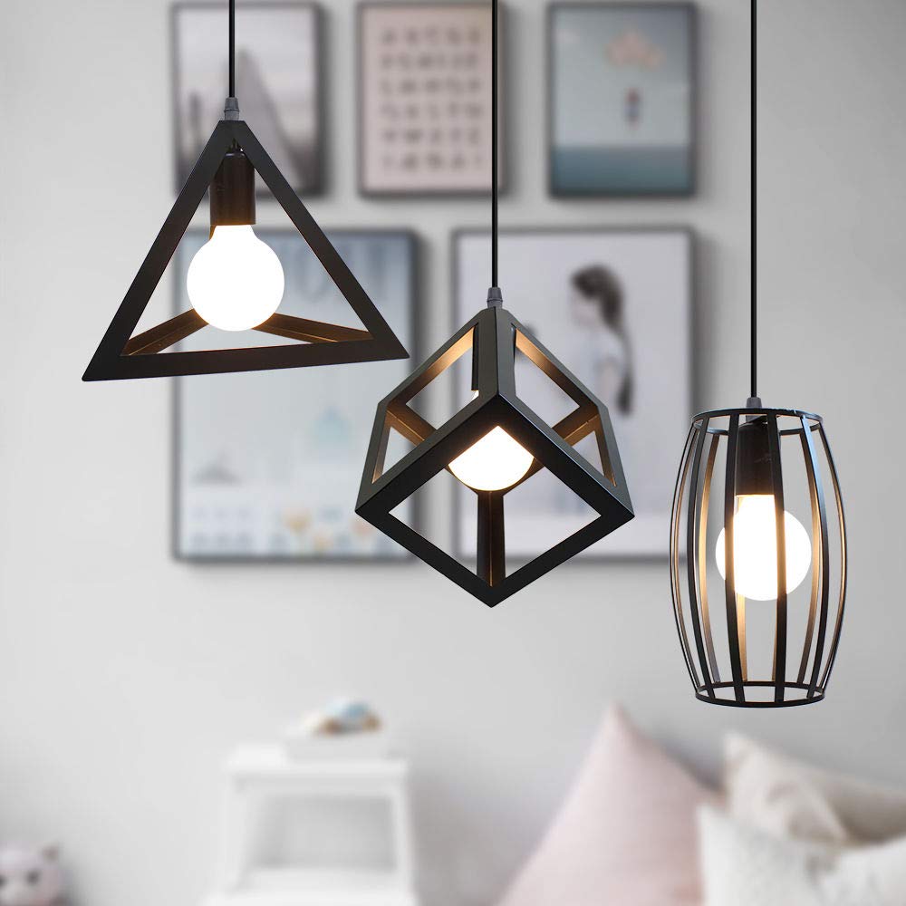 iDEGU Industrial Pendant Lamp Shapes, 3 in 1 Vintage Edison Style Metal Pendant Light Shades for E27 Ceiling Lights for Kitchen Bar Loft - Black (Geometry - 50CM) — image 1