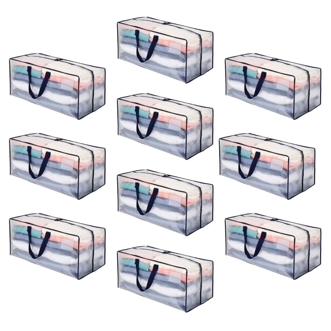 VENO10 Pack Heavy Duty Extra Large Clear Moving Bags W/Backpack Straps Strong Handles & Zippers, Storage Totes For Space Saving, Fold Flat, Alternative to Moving Box (Clear, 10 Pack)