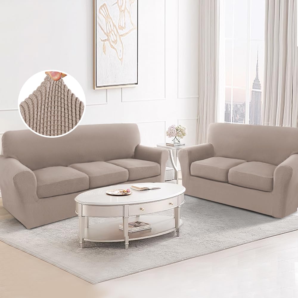 H.VERSAILTEX Couch Cover Set for Sofa and Loveseat Stretch 4 Piece Sofa Covers for 3 Cushion Couch/3 Piece Loveseat Covers for 2 Cushion Couch with Thicker Jacquard Fabric, Sand