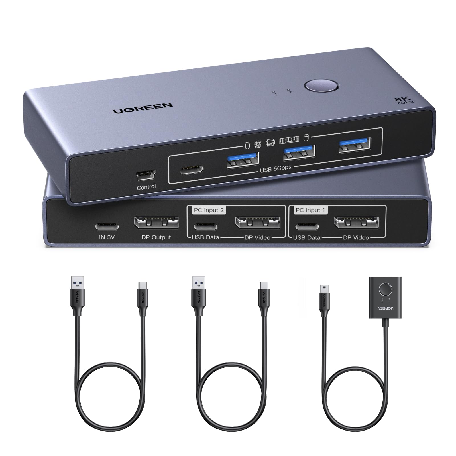 UGREEN Switch KVM DisplayPort 2 Ingressi 1 Uscite 8K 60Hz 4K 240Hz Doppio Schermo Commutatore con 4 Porte USB 3A1C 5Gbps per Tastiera Mouse Disco Rigido Stampante con Controller