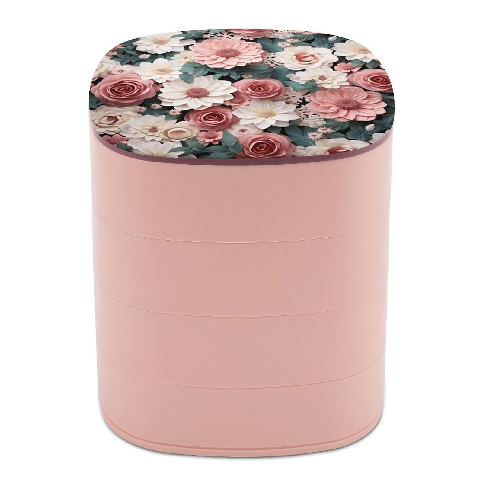 VstaDank Flowers with Pink And Green Leaves Jewelry Organizer Small Travel Earring Storage Box with Mirror 4-Layer Rotating Travel Jewelry Tray Case with Lid Large Capacity Jewellery Holder Case